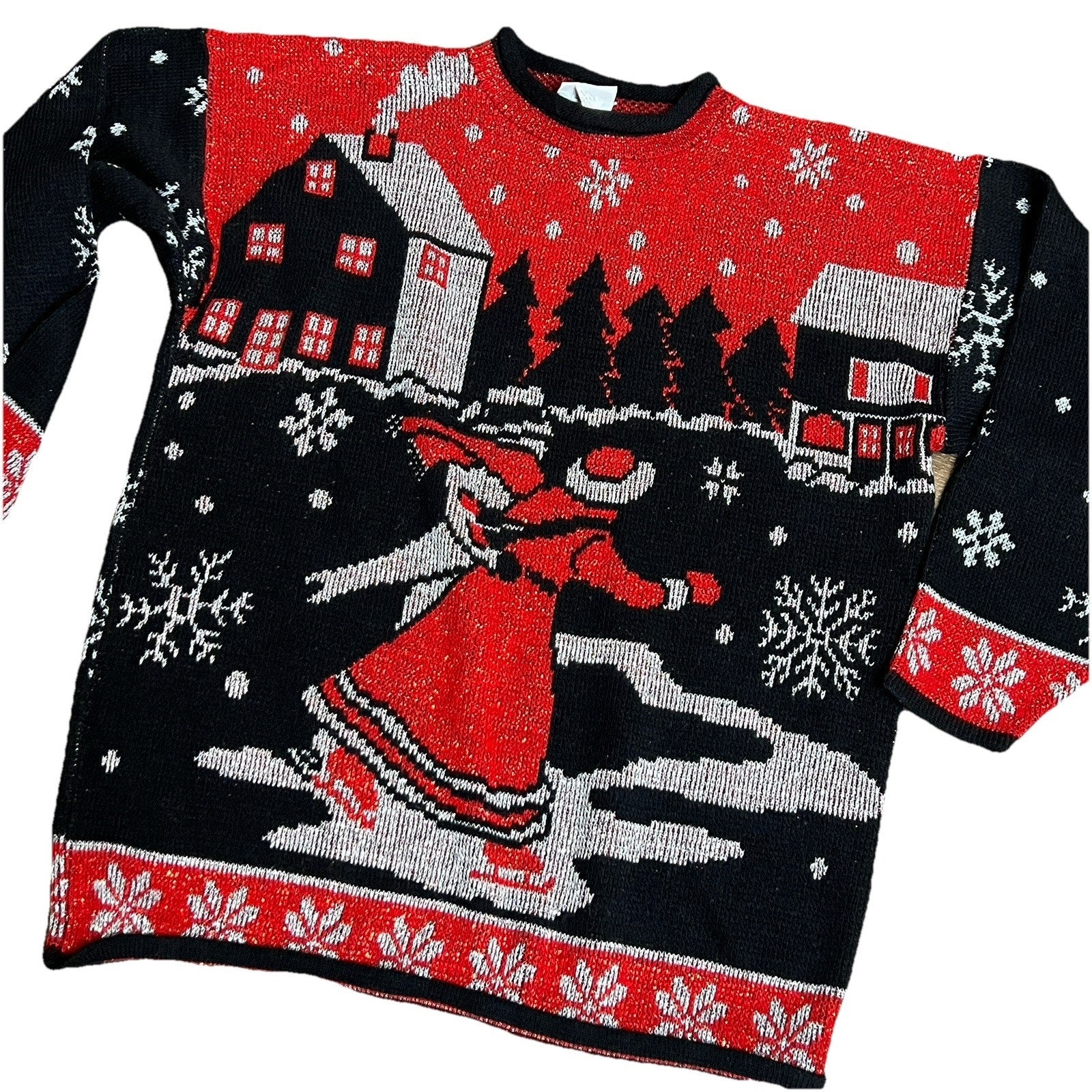 Vtg Large Metallic Ice Skaters Ugly Christmas Sweater 1980s Red Black Silver