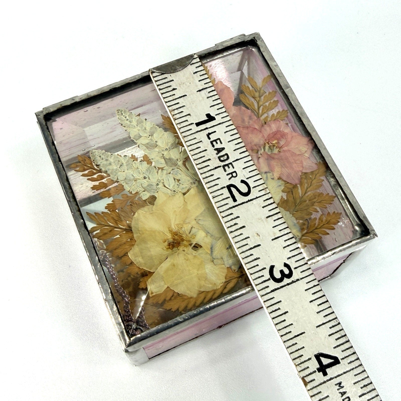 Pink Pressed Flower Stained Bevel Glass Jewelry Trinket Box Mirrored 3.5"