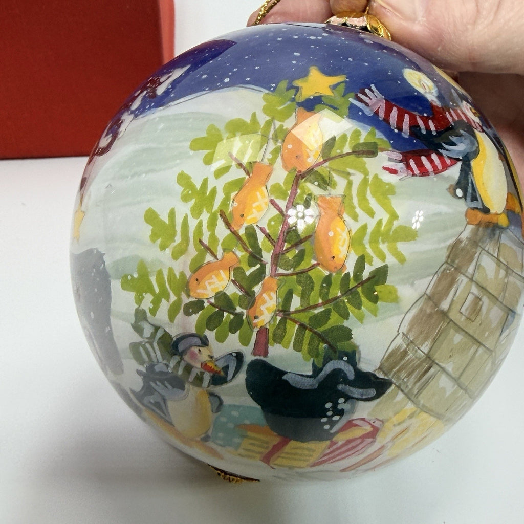 Pier 1 Li Bien Penguins Merry Bright Glass Christmas Ornament 4" Box 2010