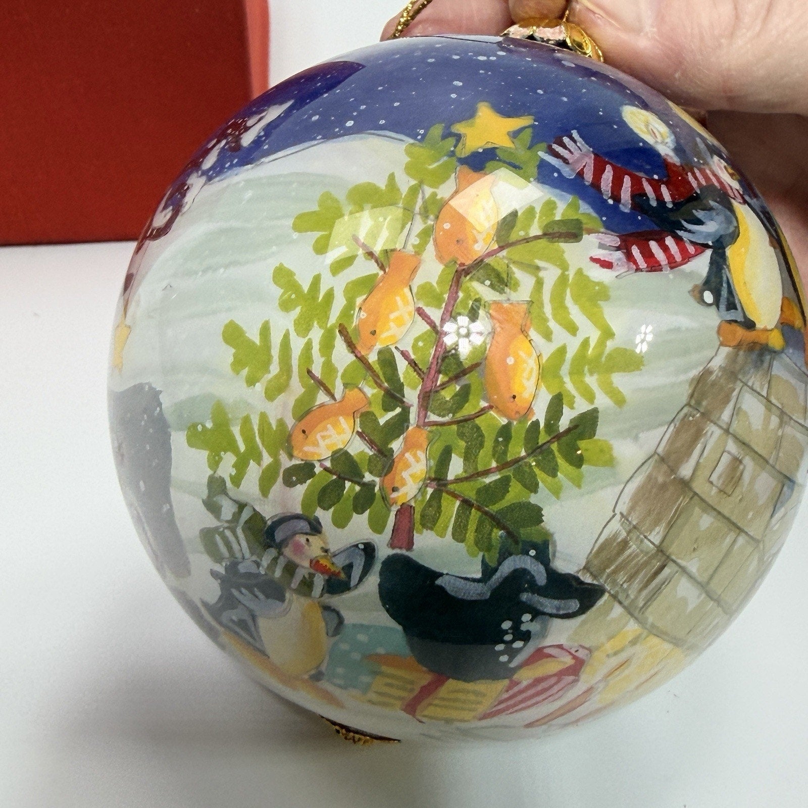 Pier 1 Li Bien Penguins Merry Bright Glass Christmas Ornament 4" Box 2010