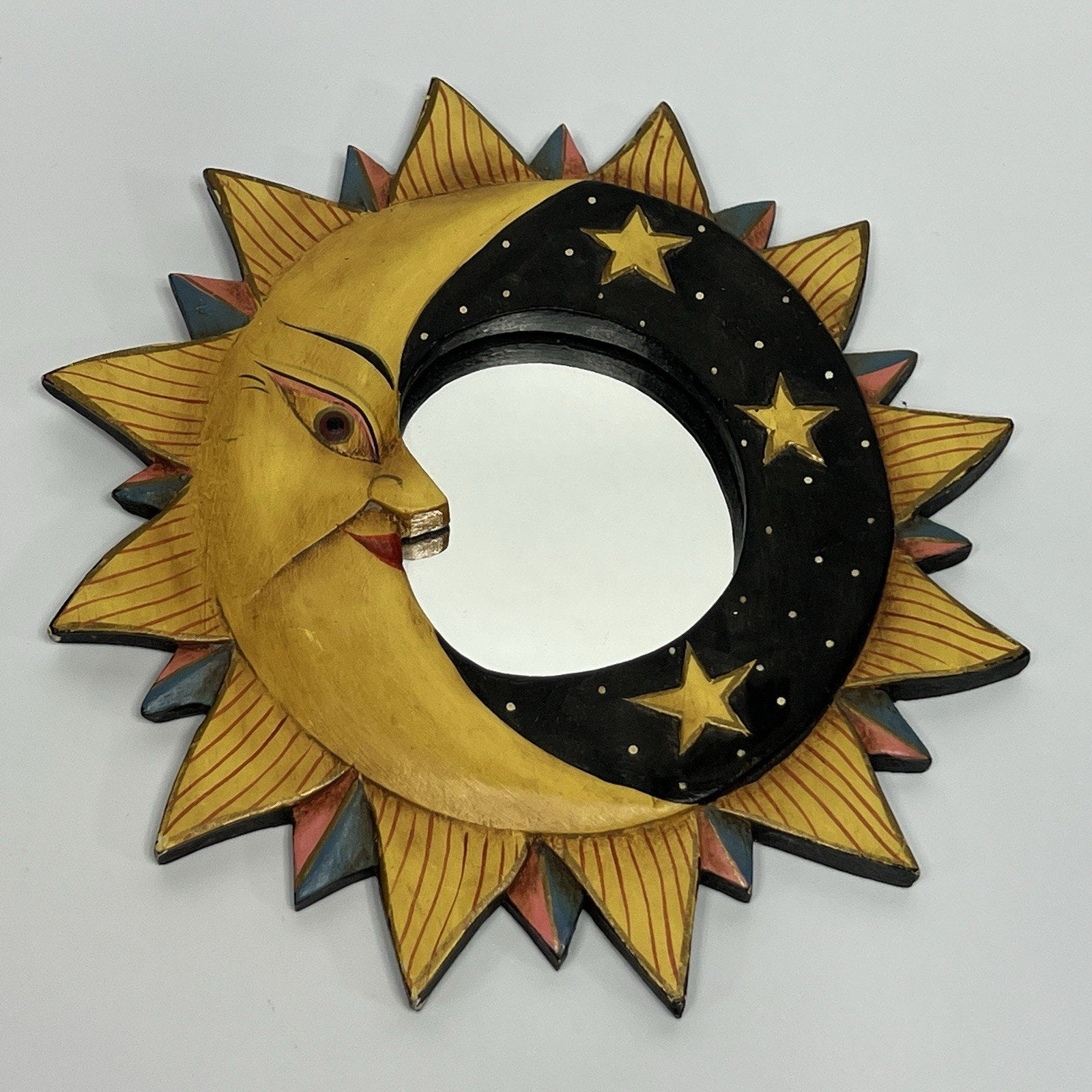 Vintage 90s Celestial Sun Moon Stars Mirror Painted Whimsygoth Black Yellow 8"