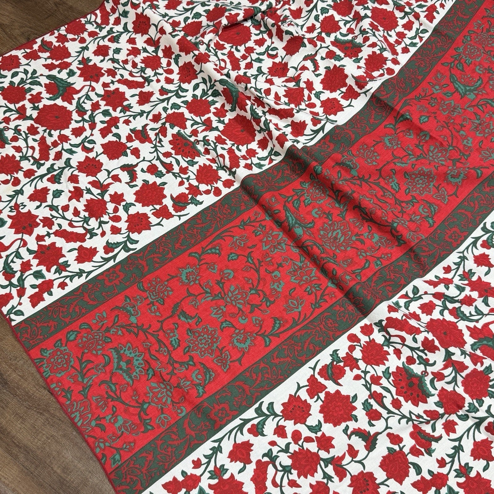 Vintage Vera Neumann Red Green Christmas Floral Linen Tablecloth 70s 64x84"