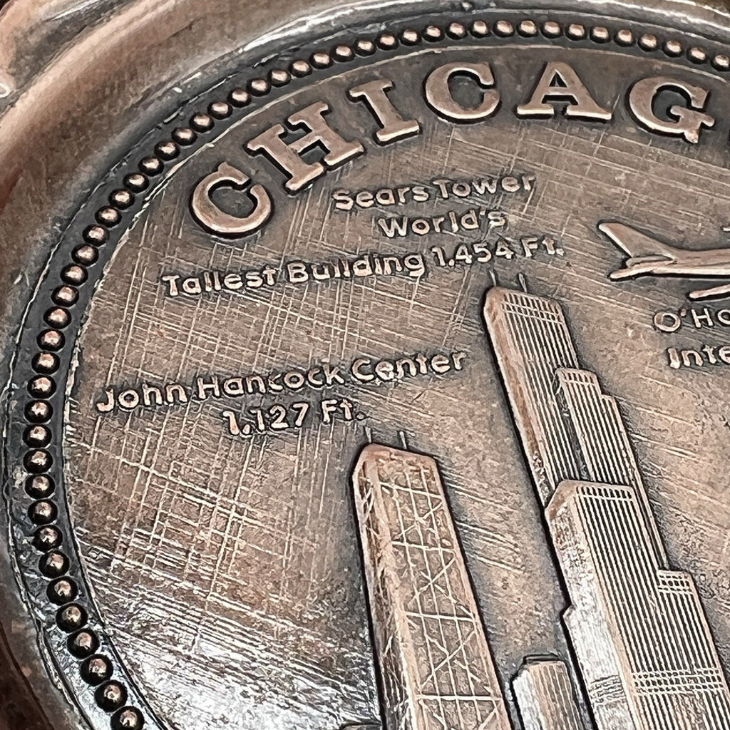 Set 4 Vintage Metal Chicago Souvenir Drink Coasters Bronze Barware O'Hare Sears