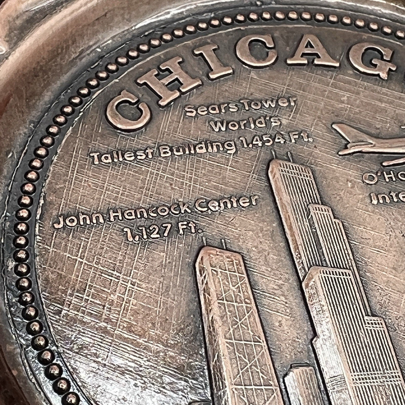 Set 4 Vintage Metal Chicago Souvenir Drink Coasters Bronze Barware O'Hare Sears