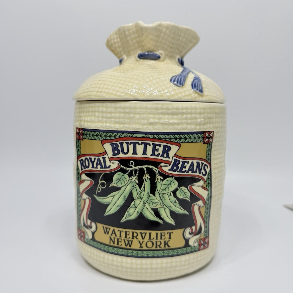 Vtg Large Hearth Burlap Sack Kitchen Canister Jar 1988 Royal Butter Beans 8.5"