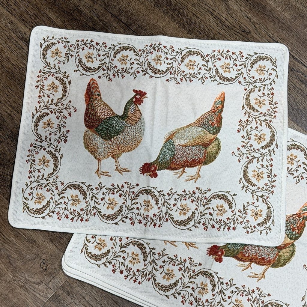 Set 4 Tissus Toselli Woven Placemats Chickens Rooster Fall Red Green France