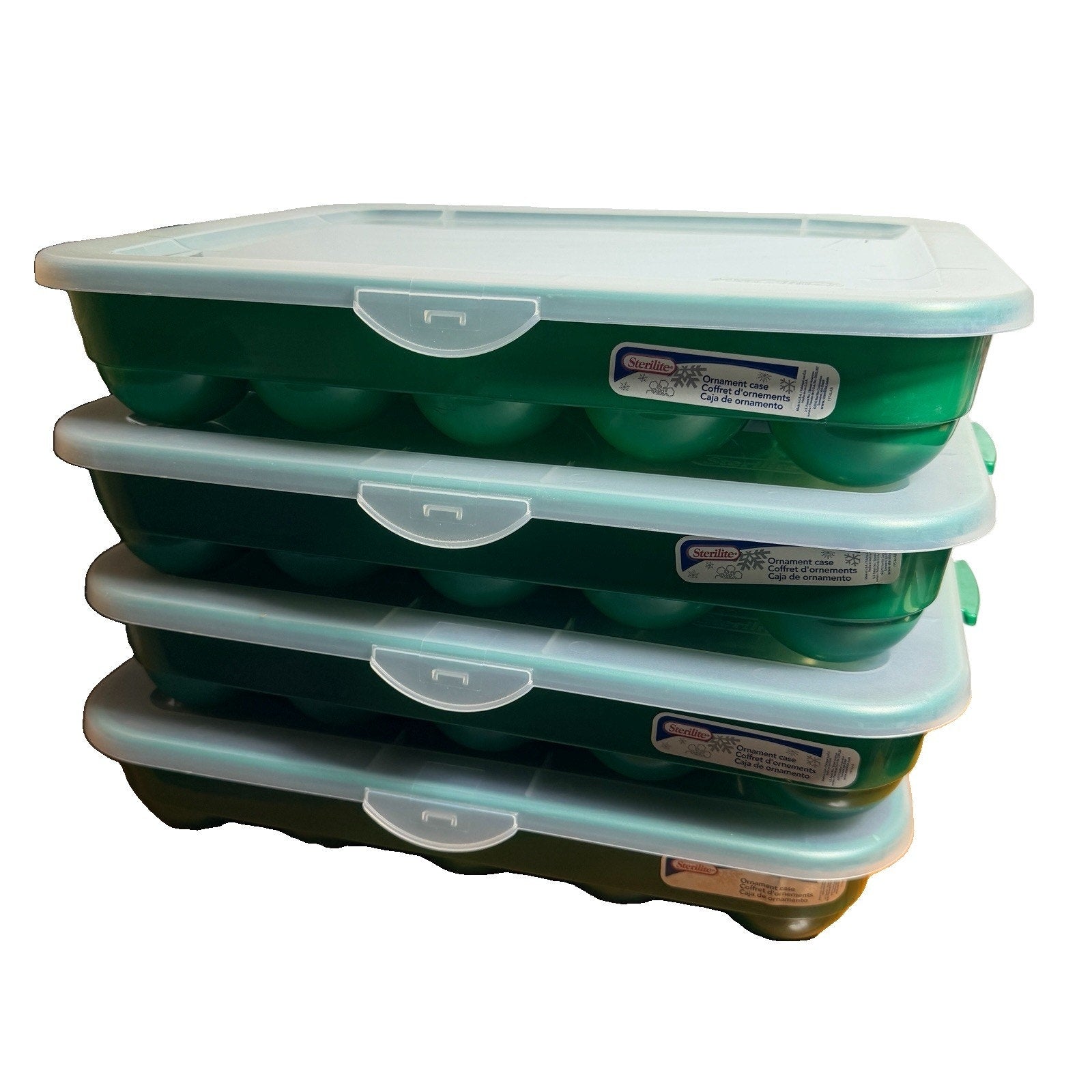 4 Green Sterilite Ornament Storage Box Case 20 Piece Hinged Lid Snap Closure 20"
