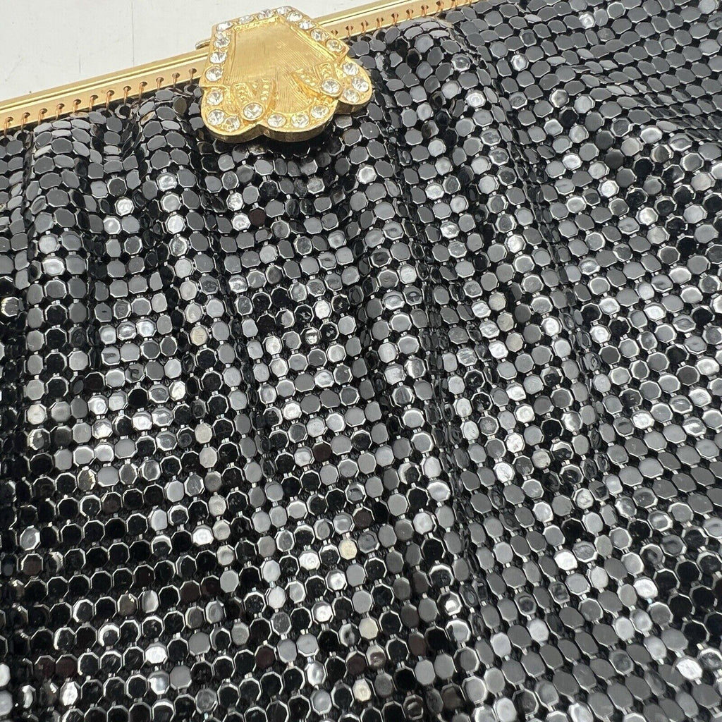 Whiting Davis Black Mesh Purse Gold Rhinestone Clasp Vintage Evening Cocktail 7"