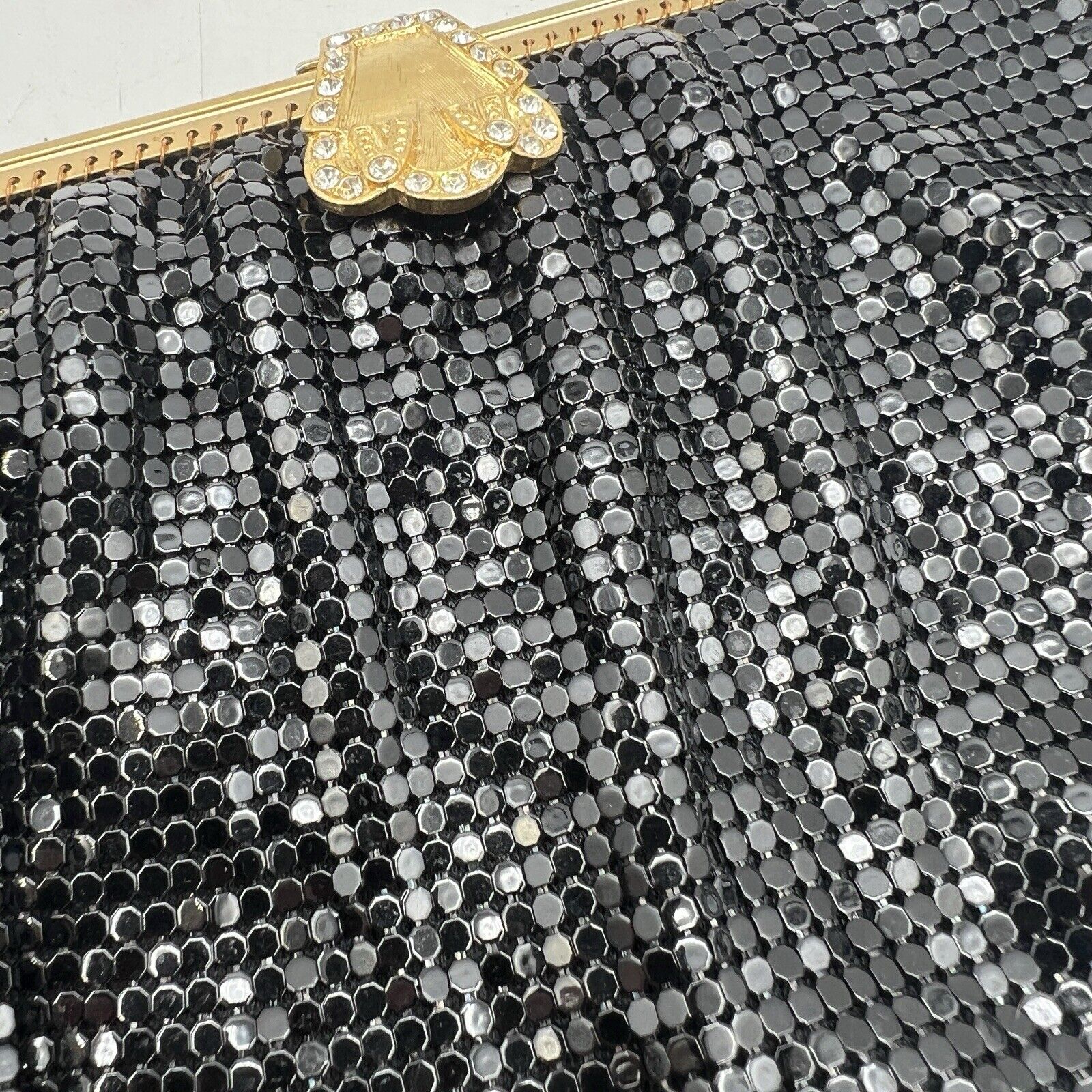 Whiting Davis Black Mesh Purse Gold Rhinestone Clasp Vintage Evening Cocktail 7"