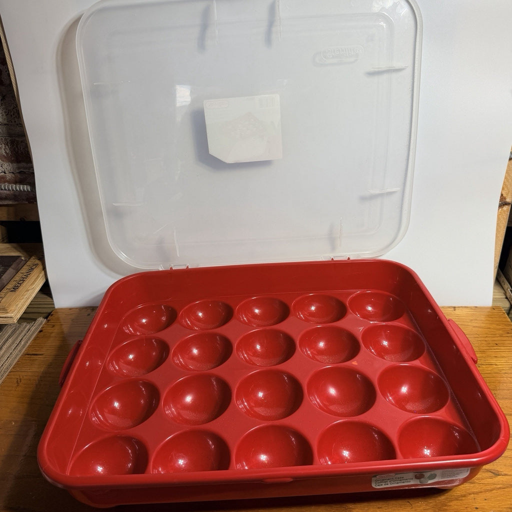 Red Sterilite Ornament Storage Box Case 20 Piece Hinged Lid Snap Closure 20"