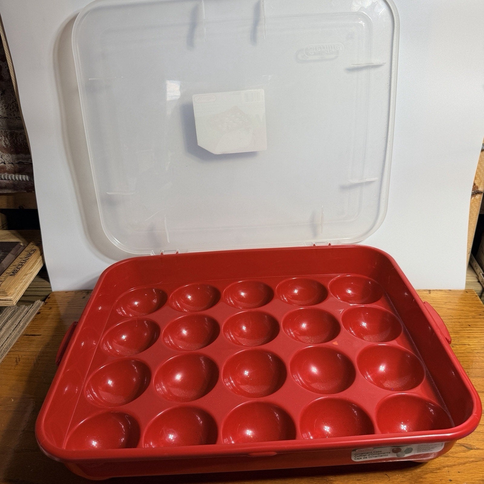 Red Sterilite Ornament Storage Box Case 20 Piece Hinged Lid Snap Closure 20"