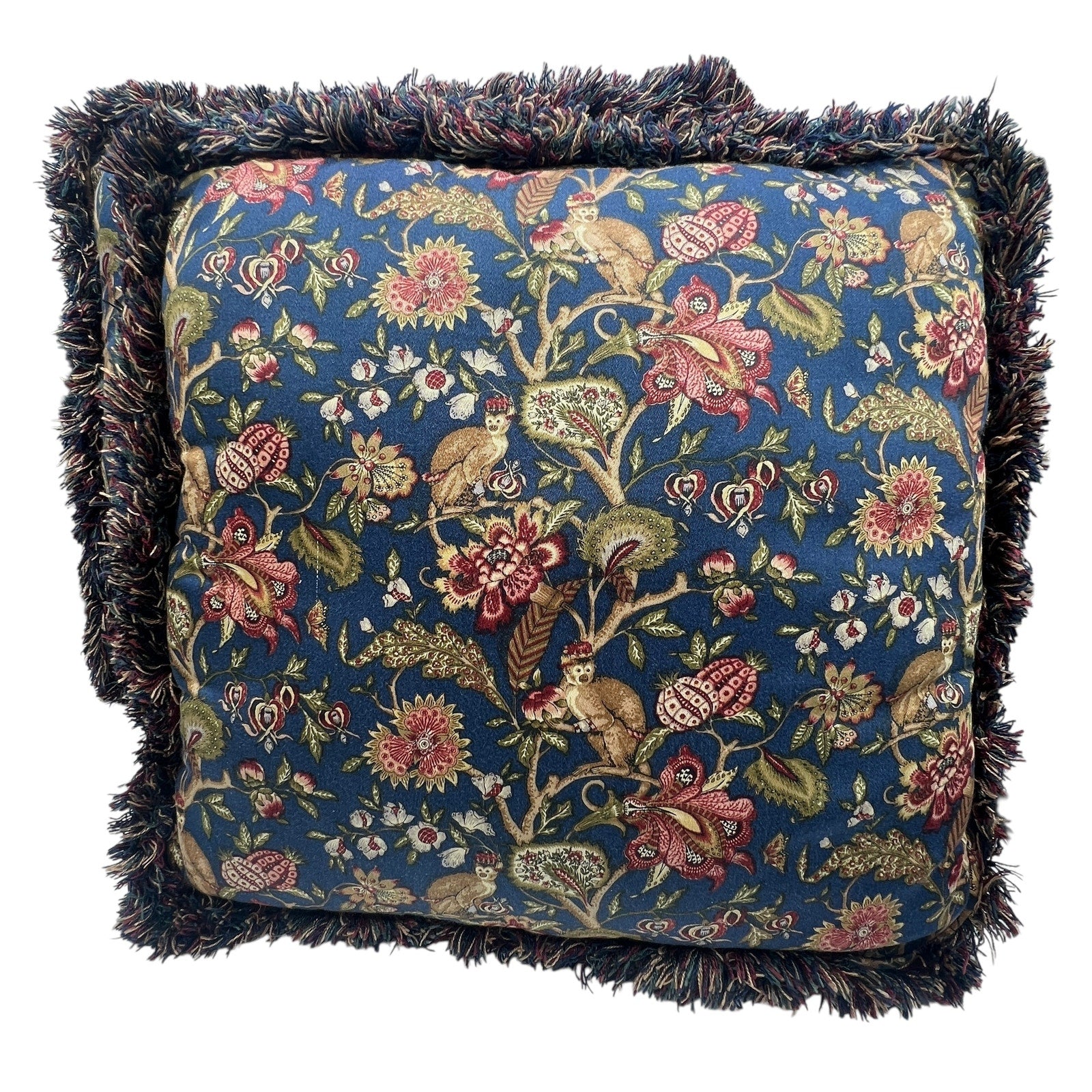 Navy Red Gold Floral Monkey Accent Pillows Fringe Square 14" Millefleurs