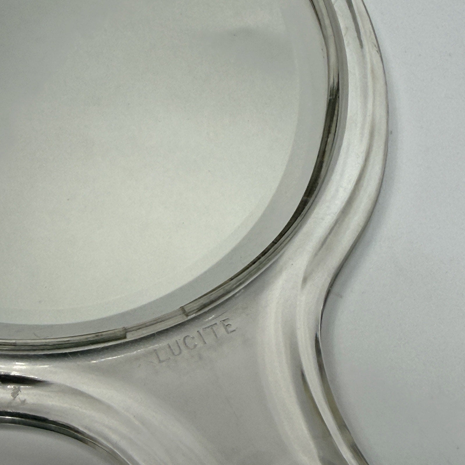 Vintage Clear Lucite Oval Hand Mirror Double Beveled Glass Marked 12" MCM Vanity