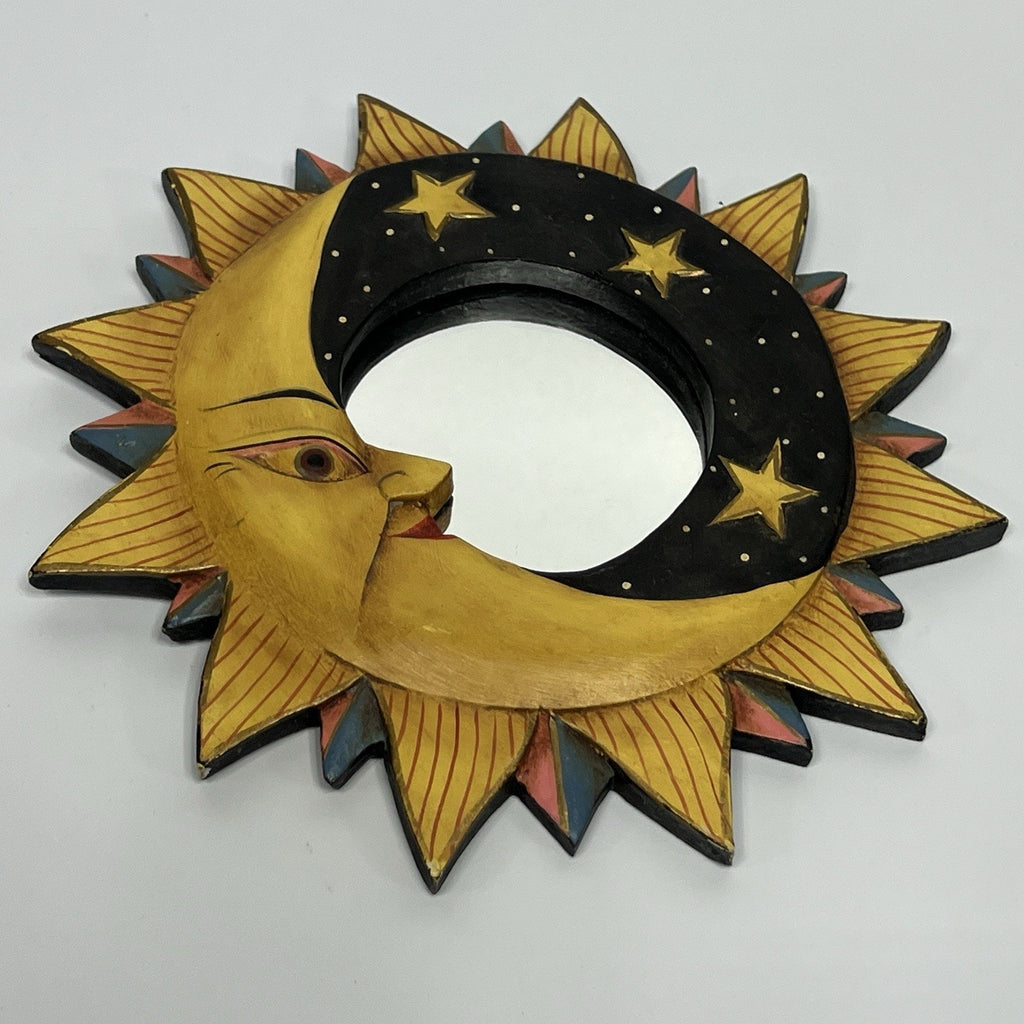 Vintage 90s Celestial Sun Moon Stars Mirror Painted Whimsygoth Black Yellow 8"