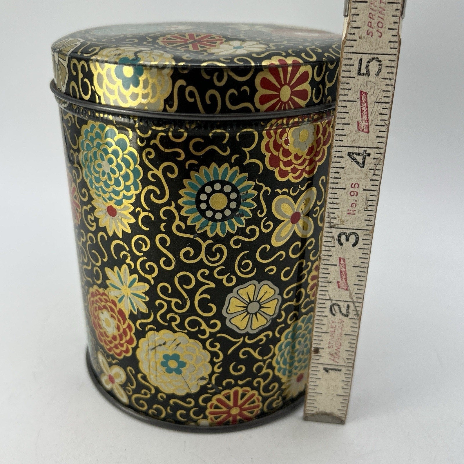 Vintage Butter Crunch Metal Tin Black Red Teal Gold Floral 5" Retro MCM