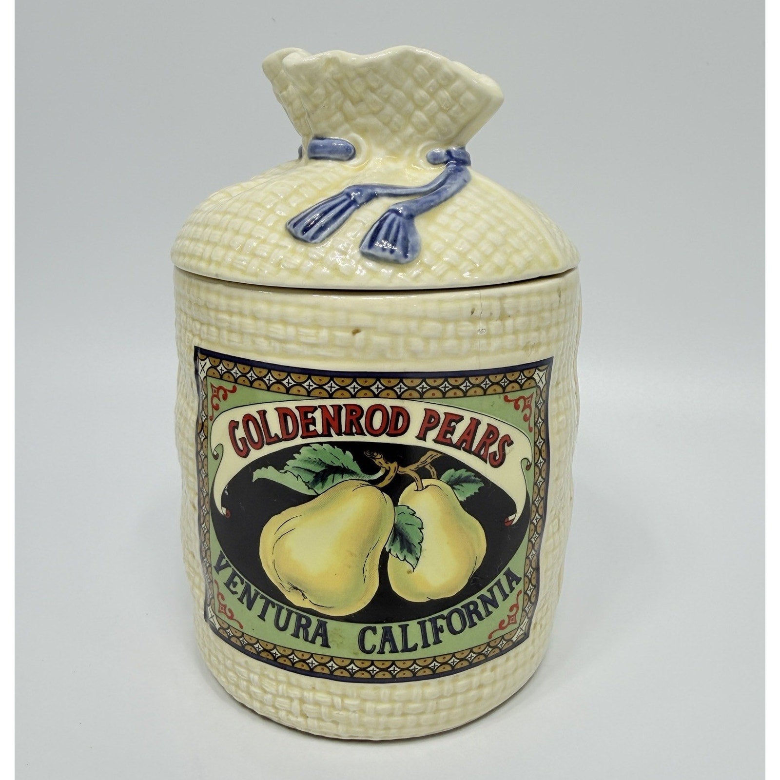 Vintage Hearth Home Goldenrod Pears Burlap Sack Kitchen Canister Jar 8" Ceramic