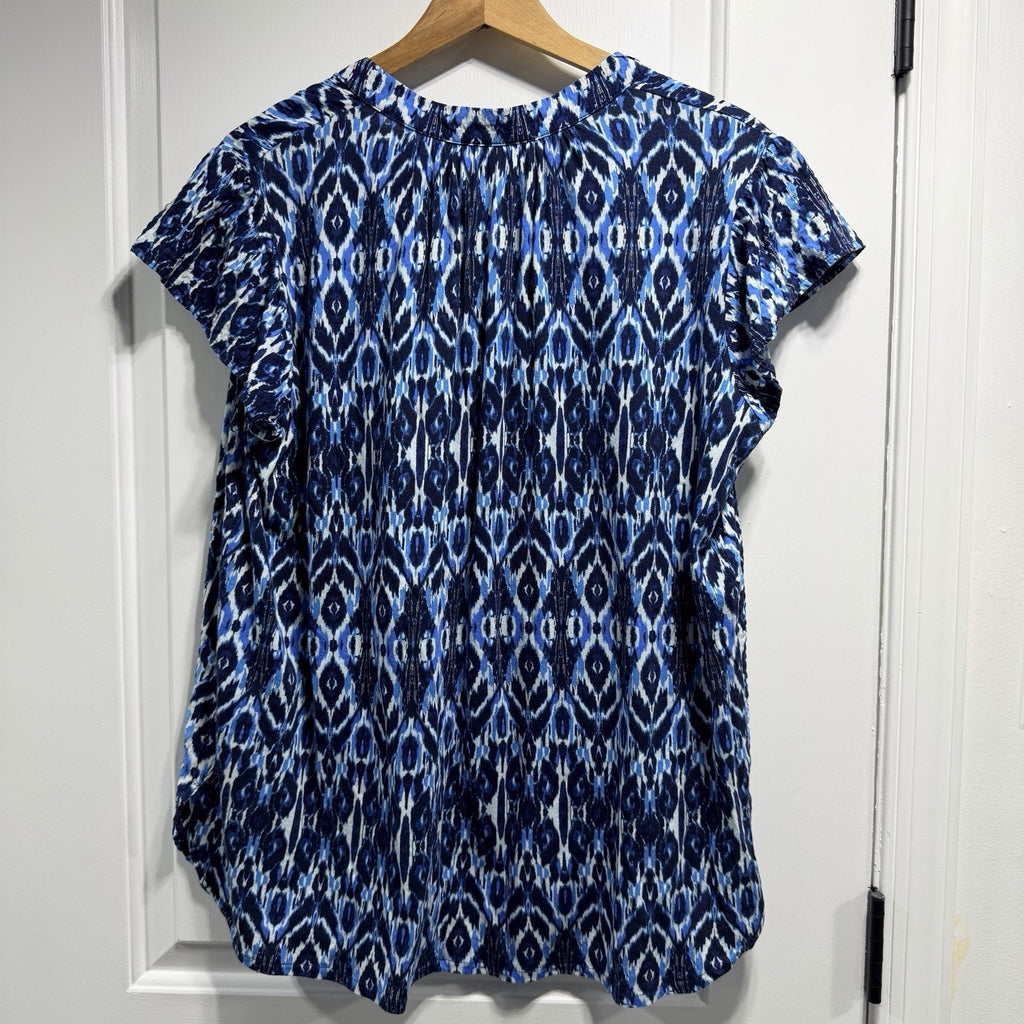 Lane Bryant V Neck Cap Sleeve Blouse 14/16 Blue White Navy Lattice Detail Summer