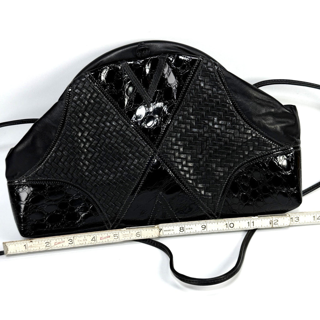 Vintage Black Leather Patchwork Purse Boho 80s 90s Black Hand Bag Cross Body 13"