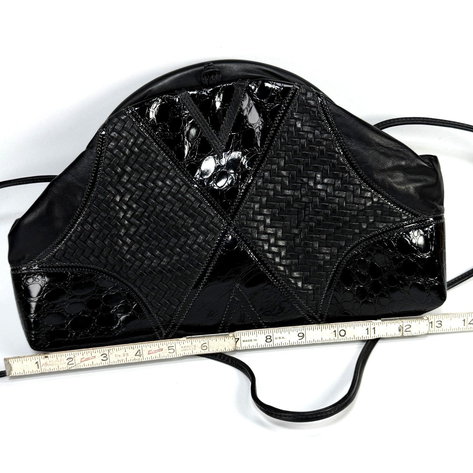 Vintage Black Leather Patchwork Purse Boho 80s 90s Black Hand Bag Cross Body 13"