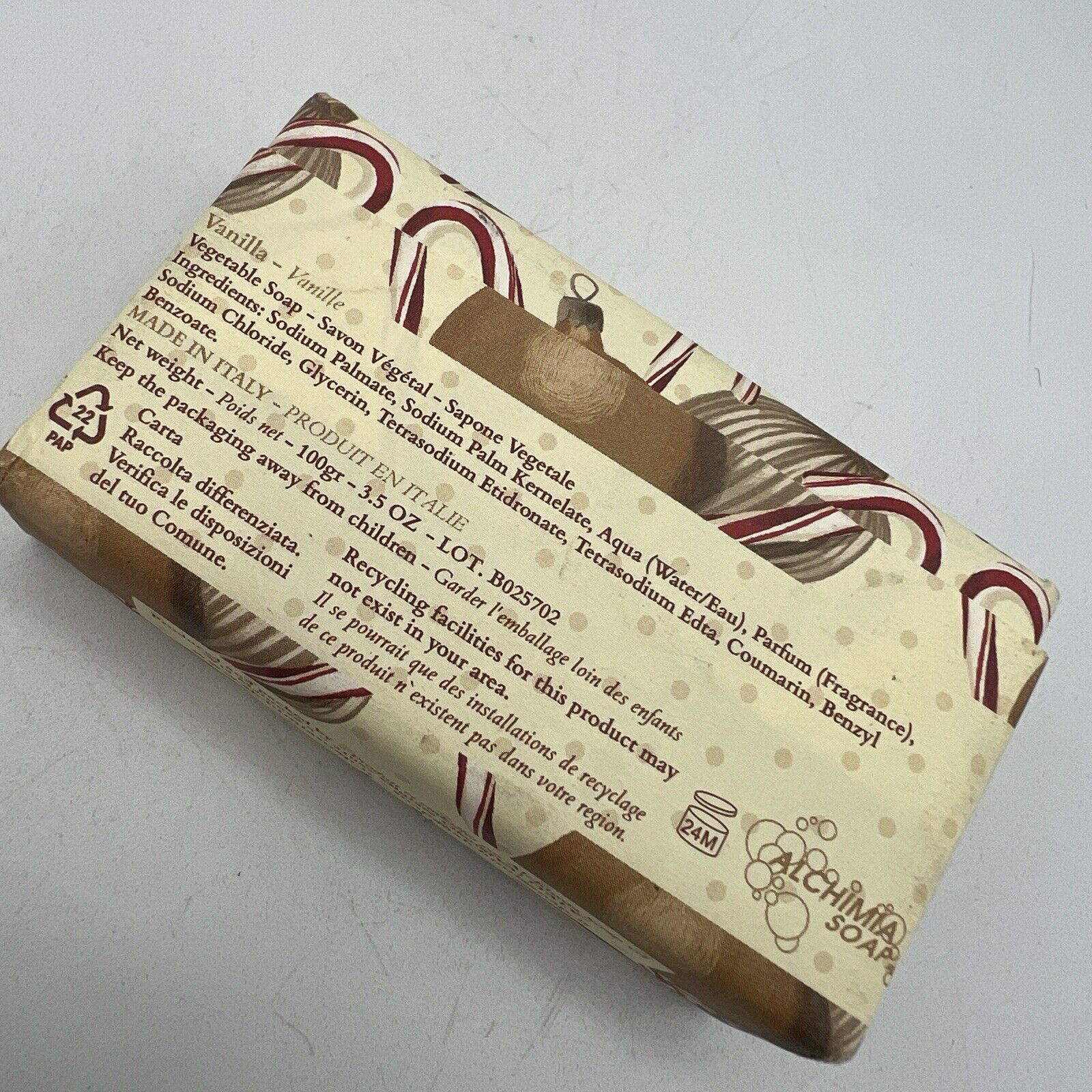 Alchimia Vanilla Vegetable Bar Soap 3.5 oz Italy Handmade Christmas NEW