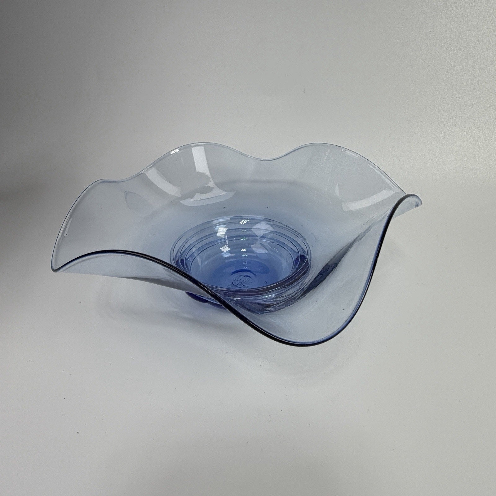 La Mailloche Quebec Studio Art Glass Light Blue Bowl Fluted Swirl SIGNED 7"