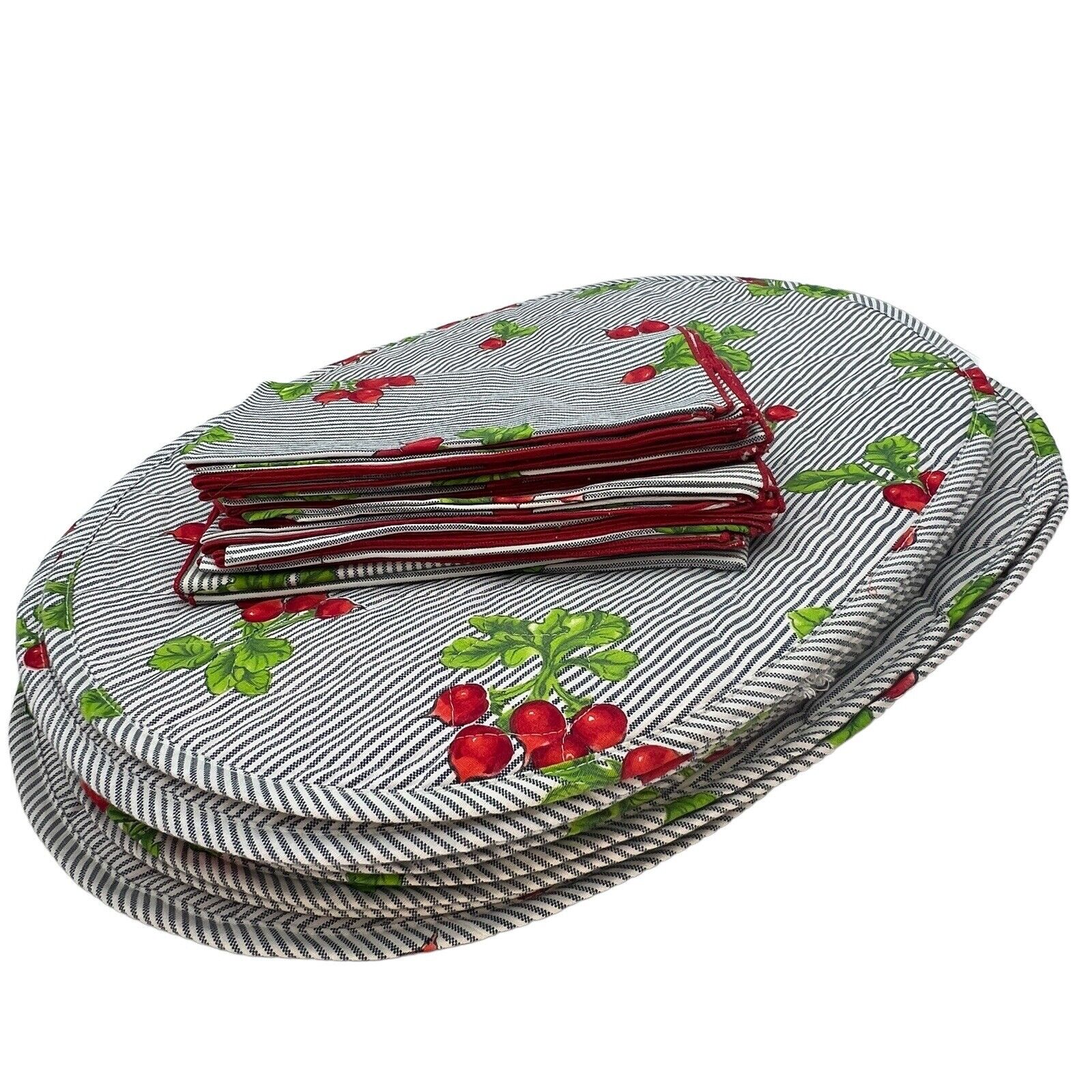 Set 12 Blue Striped Raddish Quilted Placemats Napkins Garden Summer Outdoor 17"