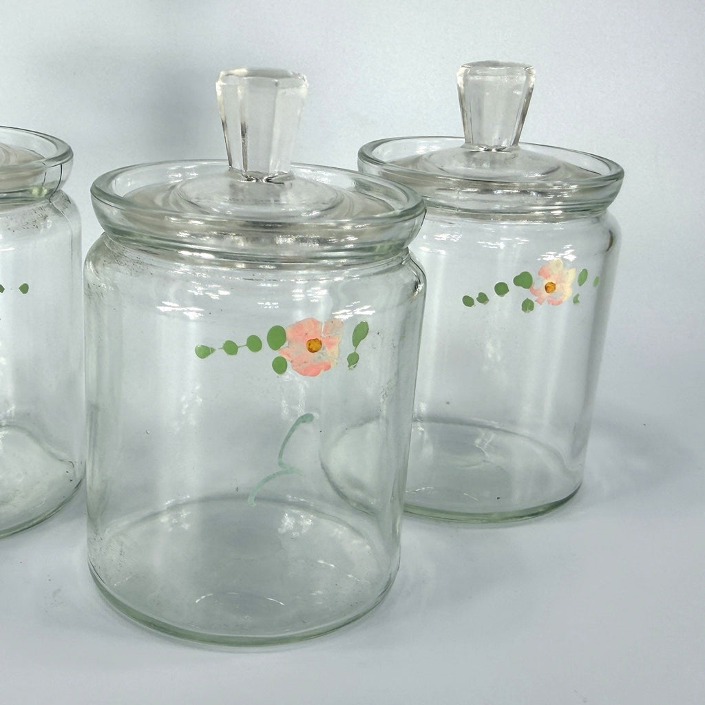 Set 3 Vintage Glass Apothecary Storage Jars 5" Painted Pink Flowers Cottage