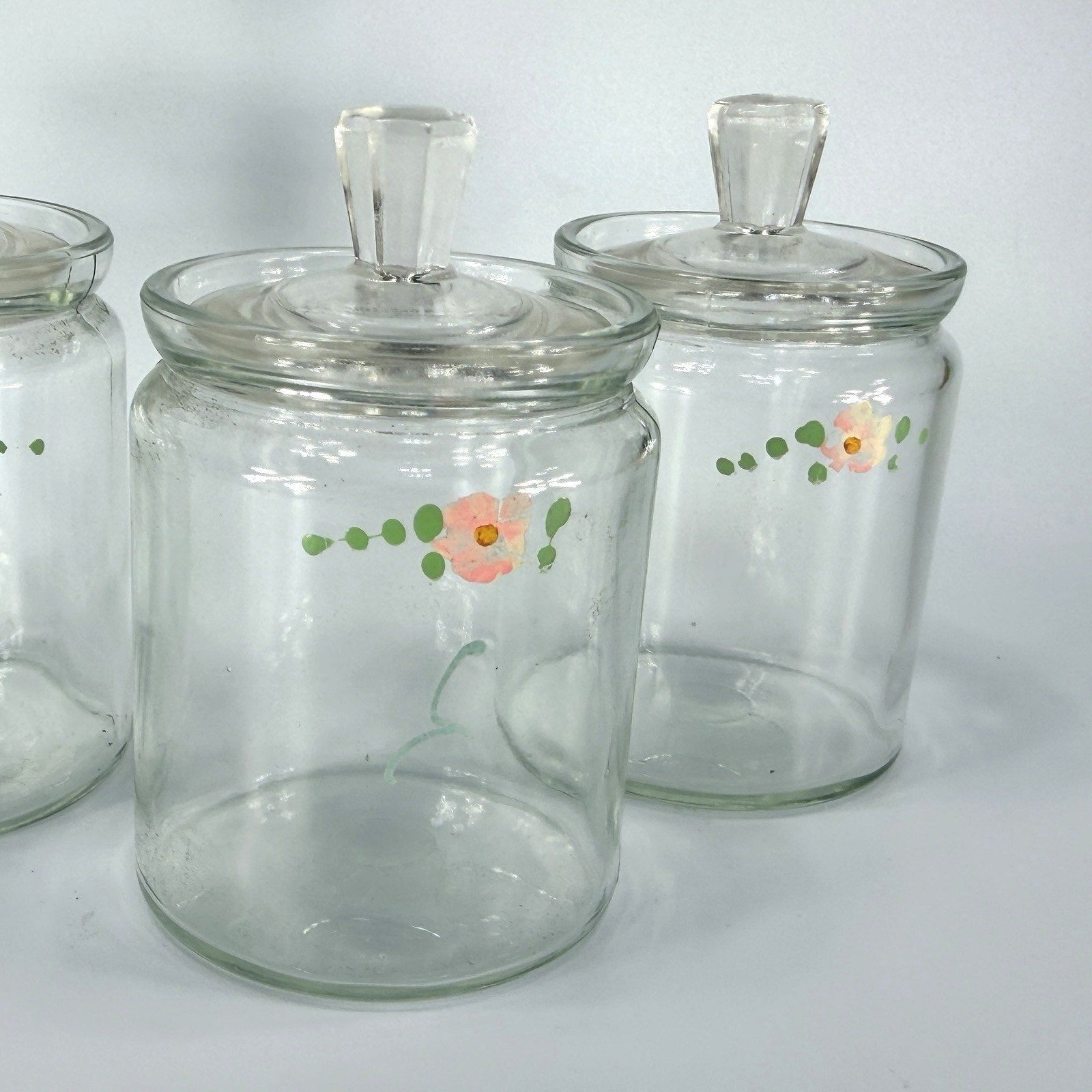 Set 3 Vintage Glass Apothecary Storage Jars 5" Painted Pink Flowers Cottage