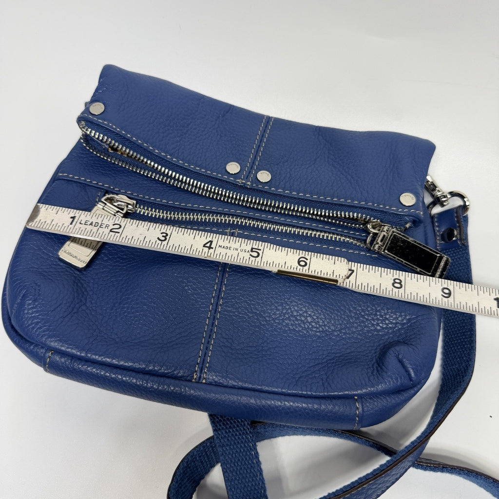 Tignanello Blue Leather Foldover Crossbody Purse Bag Pebbled Leather 9"