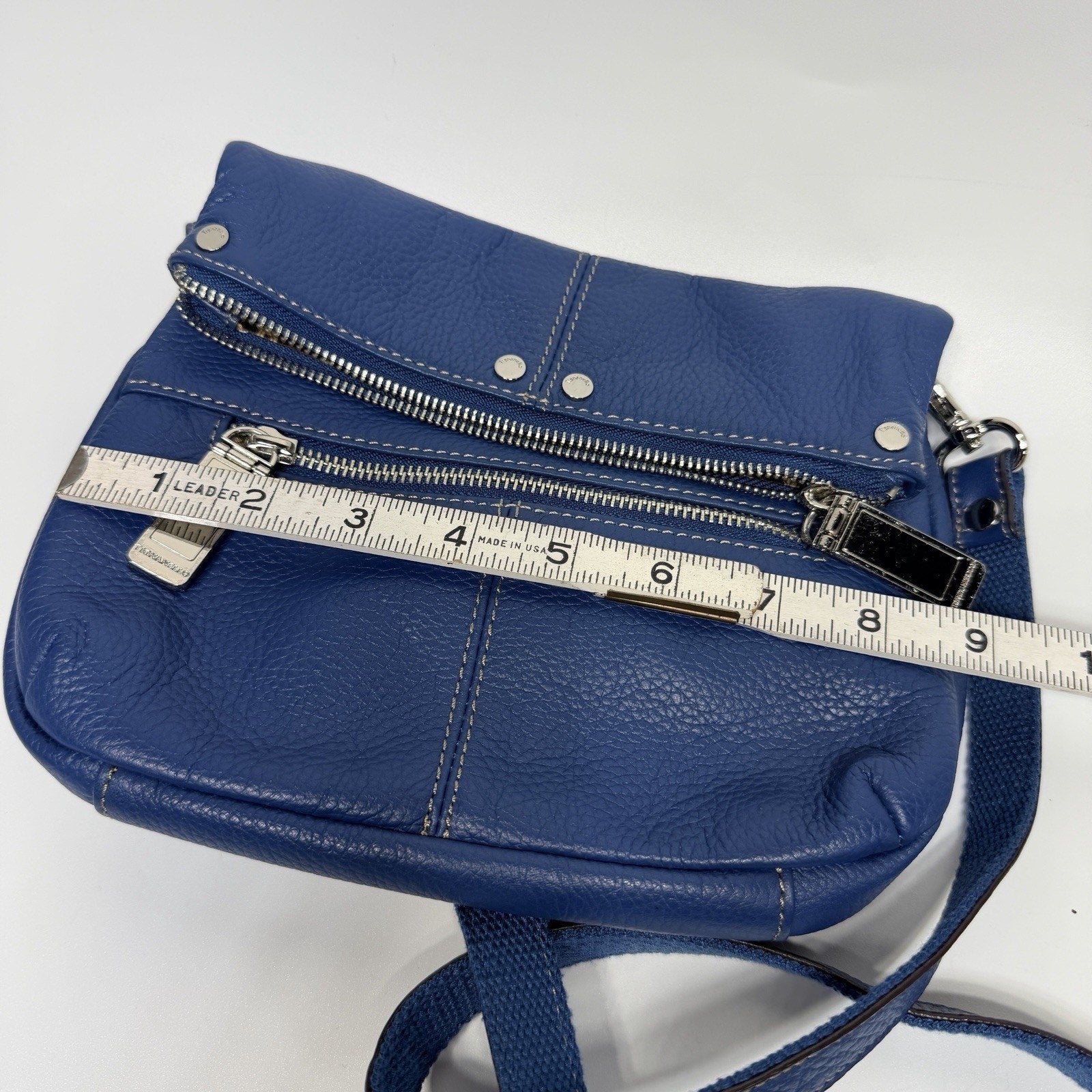 Tignanello Blue Leather Foldover Crossbody Purse Bag Pebbled Leather 9"