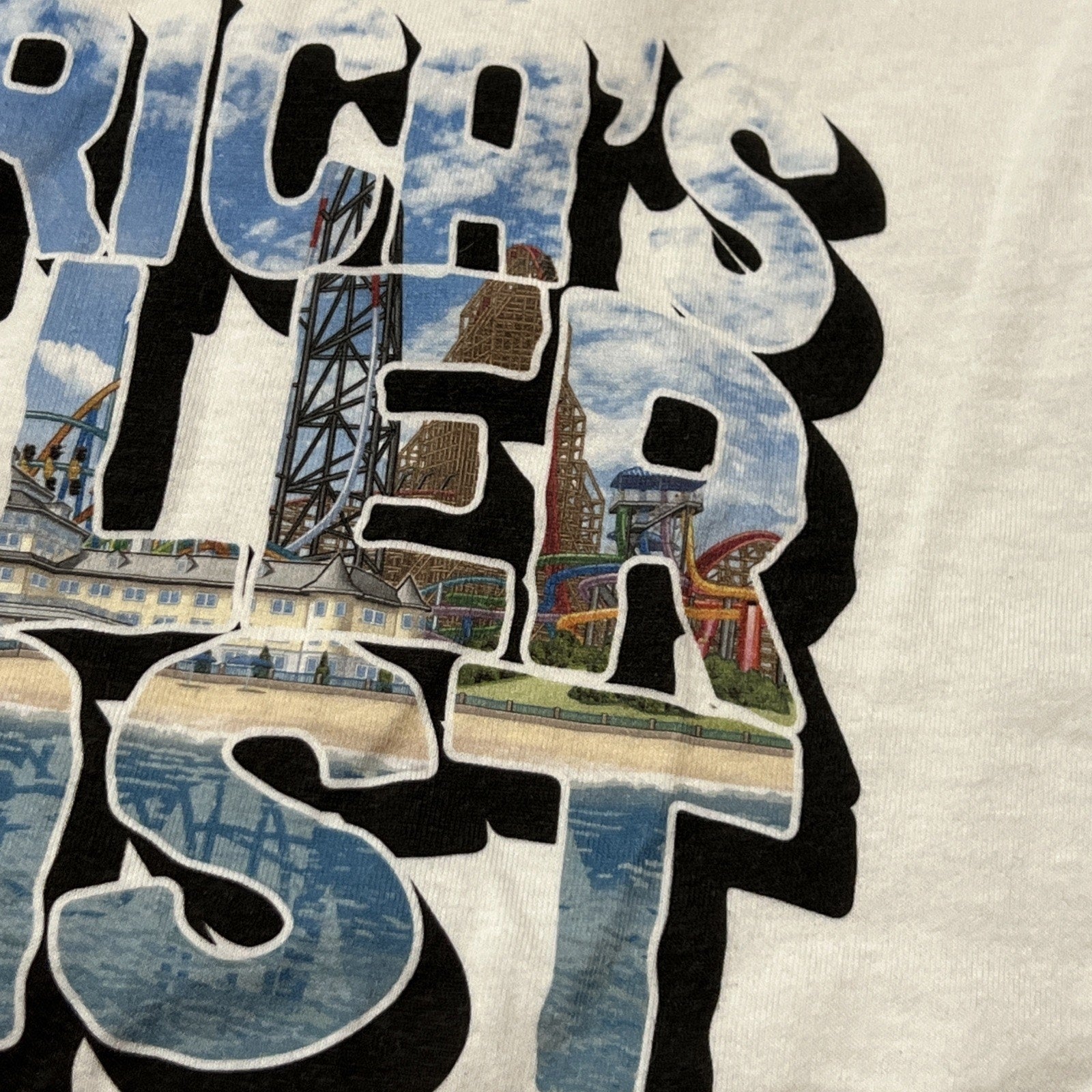 White Blue Vintage Postcard Cedar Point Roller Coast T-Shirt Large Cotton NEW