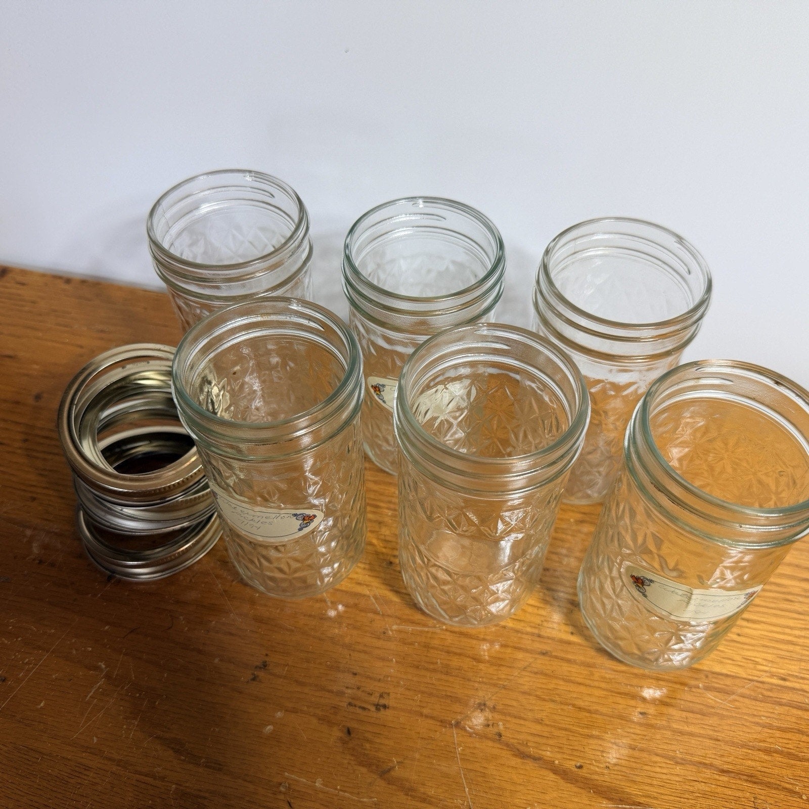 Lot 6 Quilted Crystal Tall Jelly Jars 12 oz Discontinued Rings NO LIDS