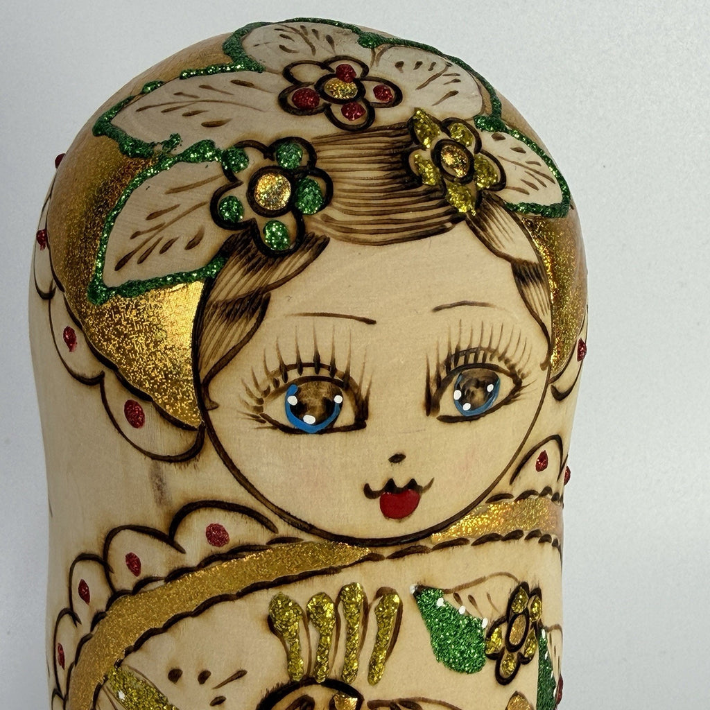 9 Pc Russian Nesting Doll Natural Wood Gold White Flowers Burned Painted 8.5"