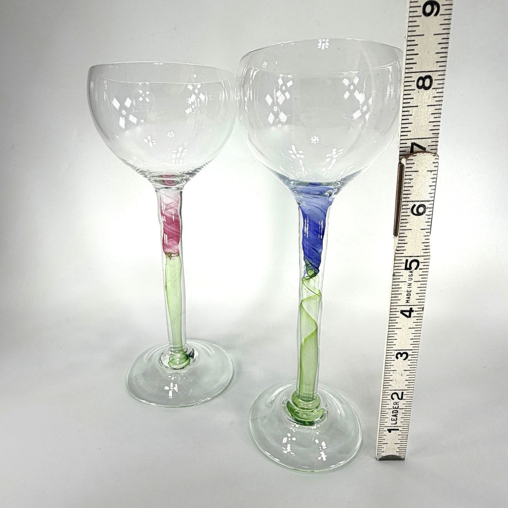 Set 2 Chris Baker Salmon Art Glass Wine Glass Pink Blue Swirl Signed 8.5"