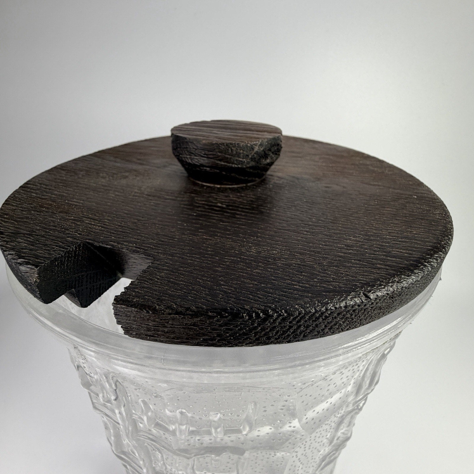 Vintage MCM Spiegelau Heavy Glass Tiki Ice Bucket 1970s Wood Lid 8" West Germany