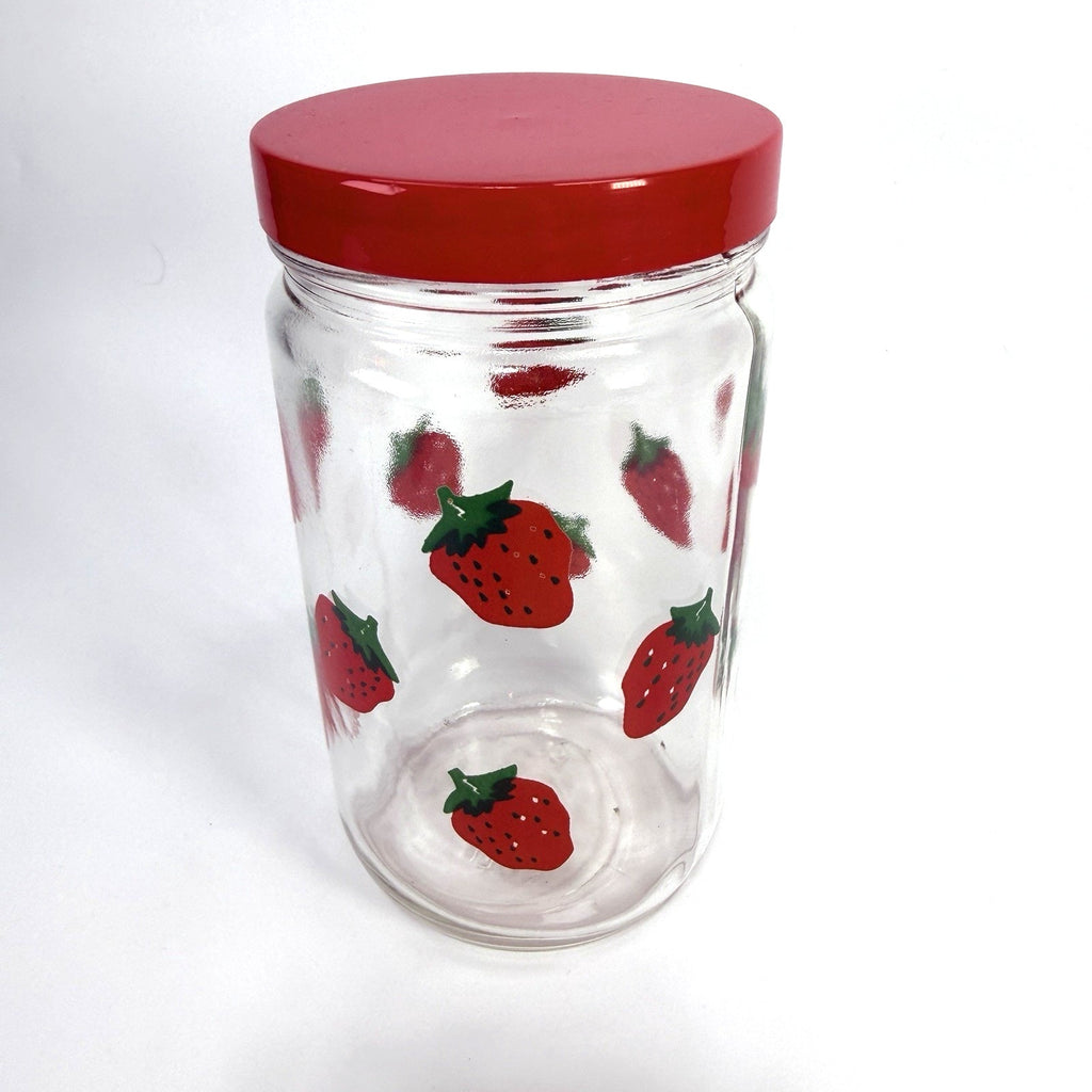Vintage Strawberries Glass Jar Plastic Twist Top Canisters Red 7" Fruit