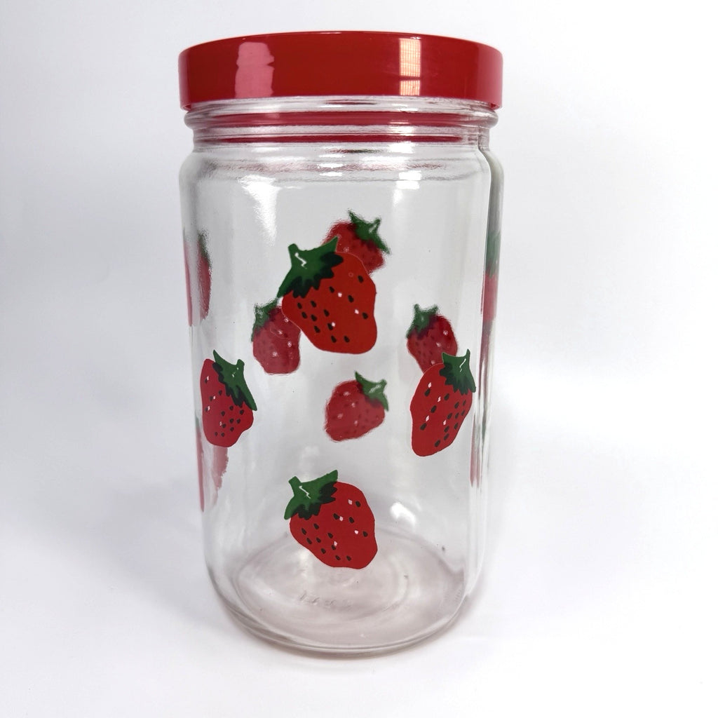 Vintage Strawberries Glass Jar Plastic Twist Top Canisters Red 7" Fruit