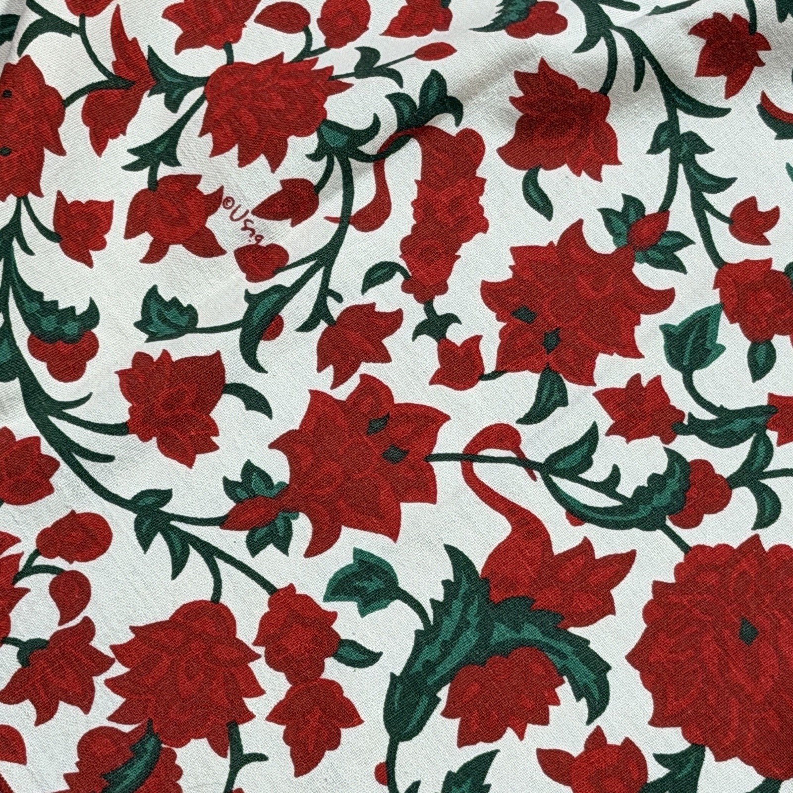Vintage Vera Neumann Red Green Christmas Floral Linen Tablecloth 70s 64x84"
