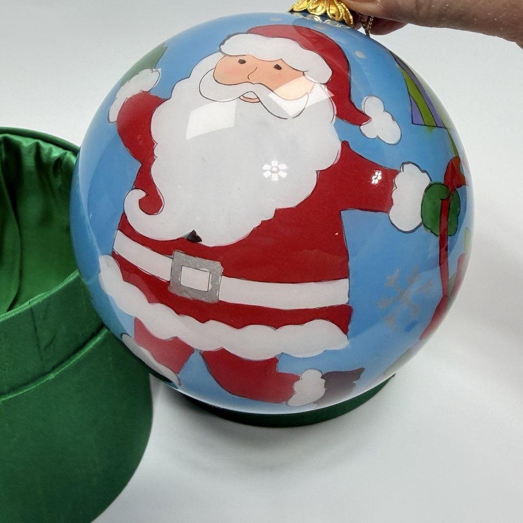 Pier 1 Li Bien Santa Glass Christmas Ornament Reverse Hand Painted 4" Blue 2007