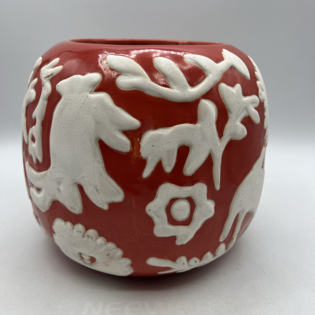 Anthropologie Concha Garden Planter Red Orange White Animals Boho Pottery 8"