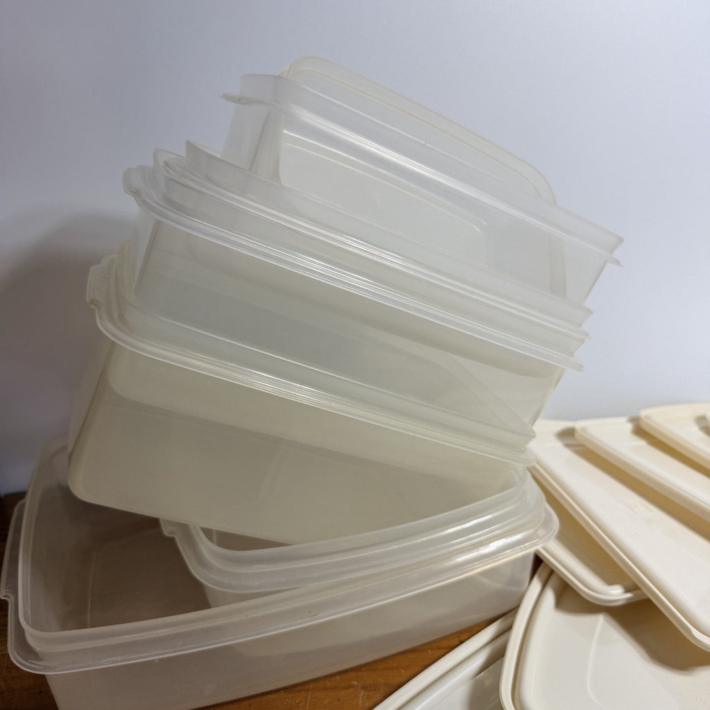 Set 7 Vtg Rubbermaid Servin Saver Rectangle Square Food Containers Almond Lids