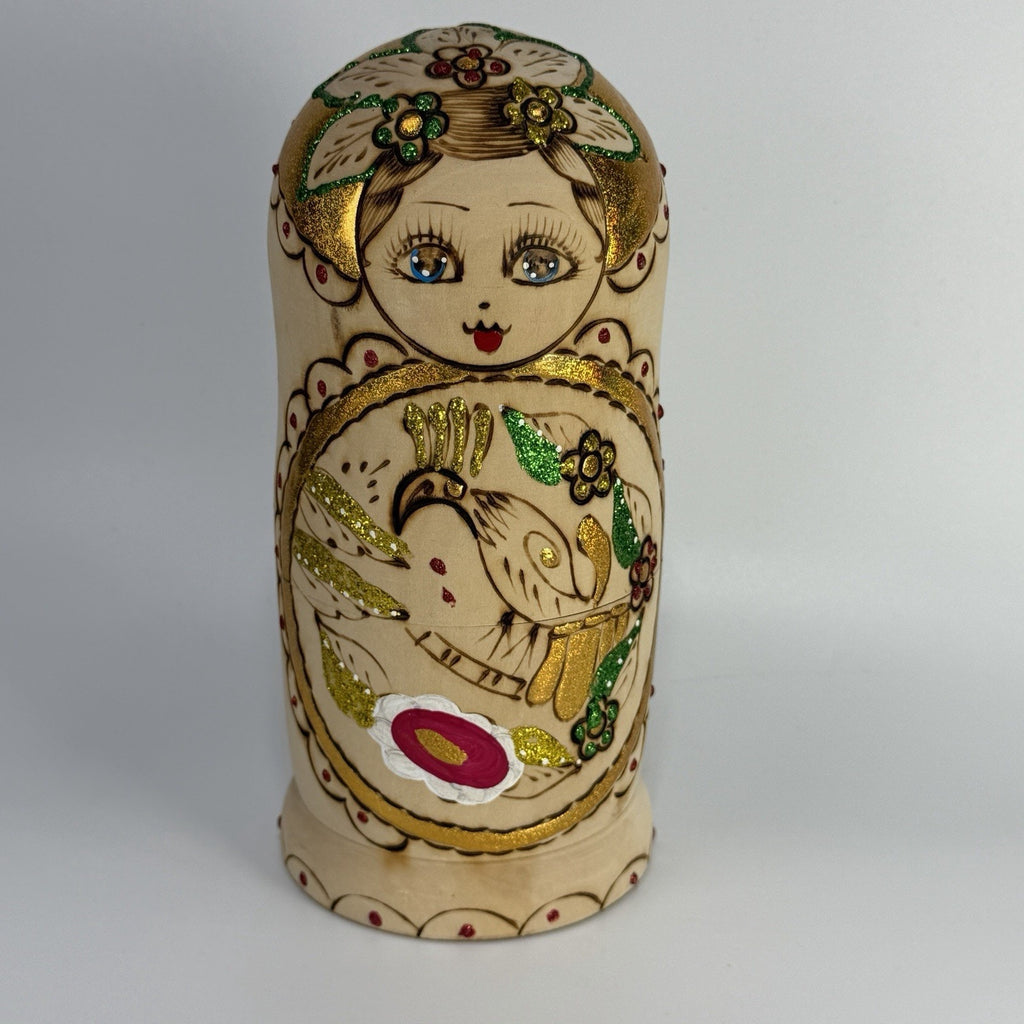 9 Pc Russian Nesting Doll Natural Wood Gold White Flowers Burned Painted 8.5"