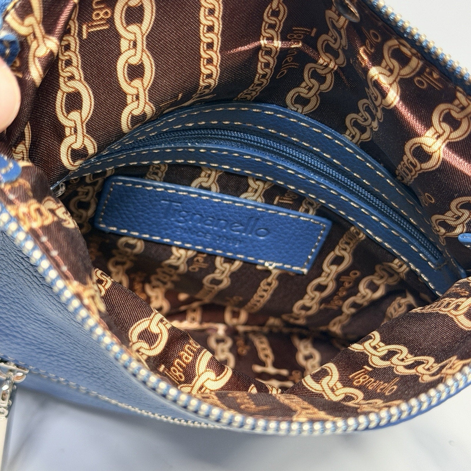 Tignanello Blue Leather Foldover Crossbody Purse Bag Pebbled Leather 9"