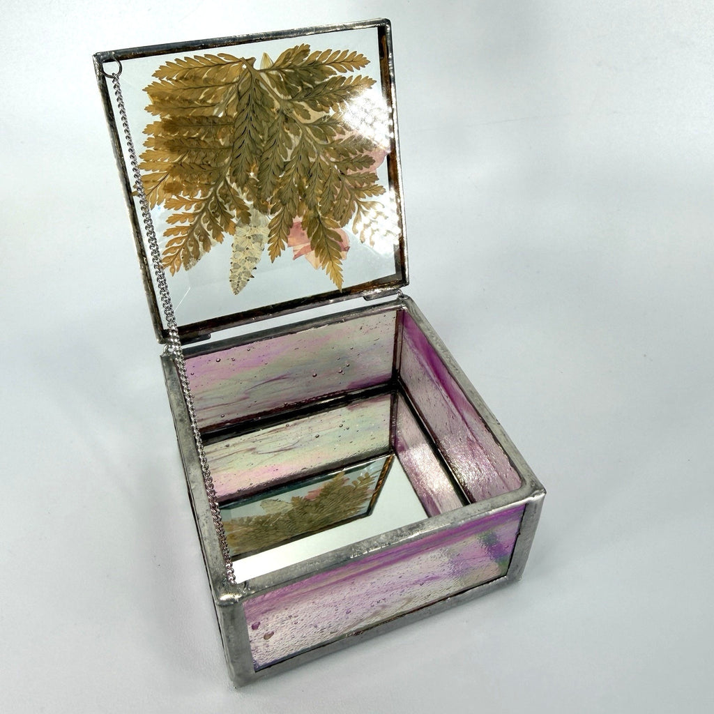 Pink Pressed Flower Stained Bevel Glass Jewelry Trinket Box Mirrored 3.5"