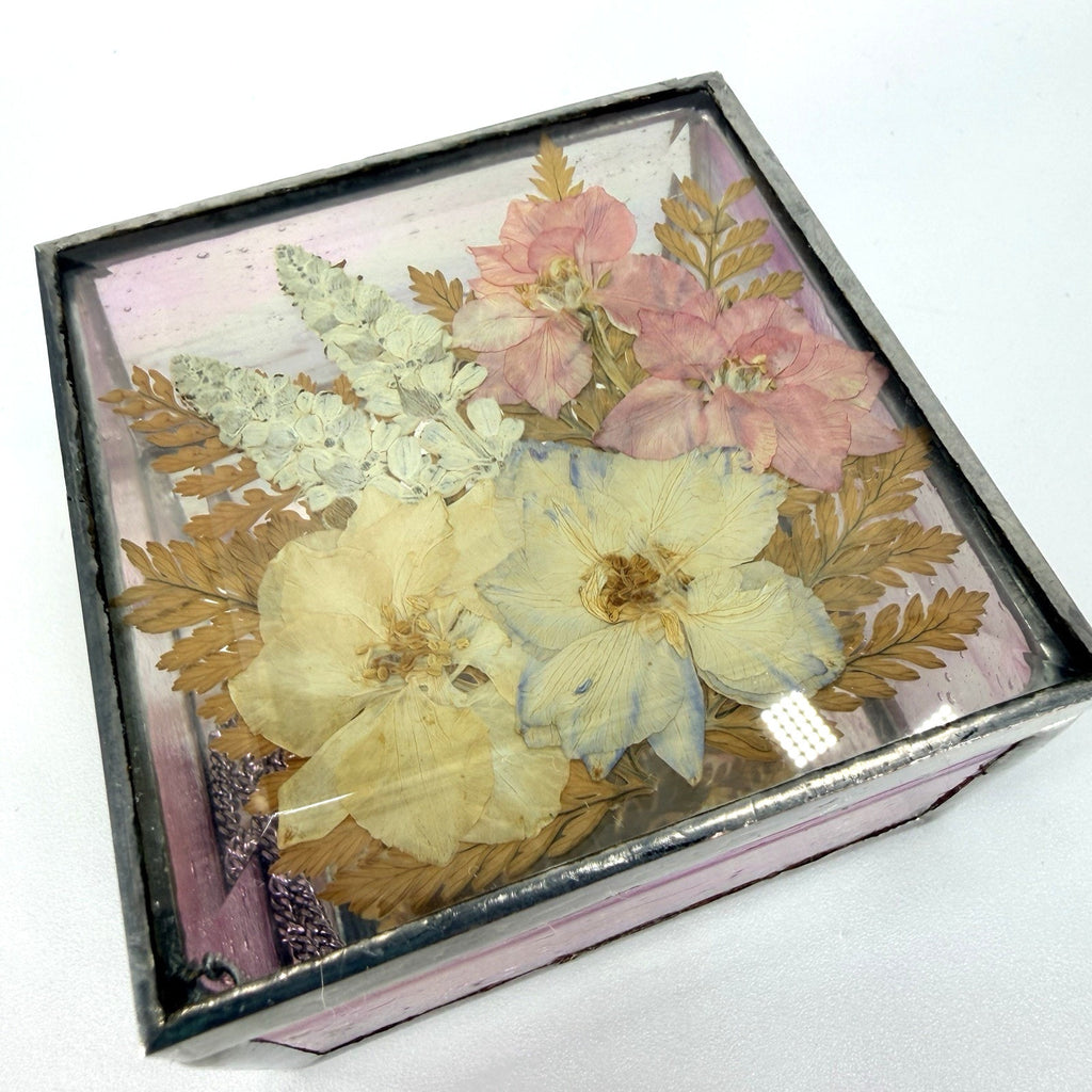 Pink Pressed Flower Stained Bevel Glass Jewelry Trinket Box Mirrored 3.5"