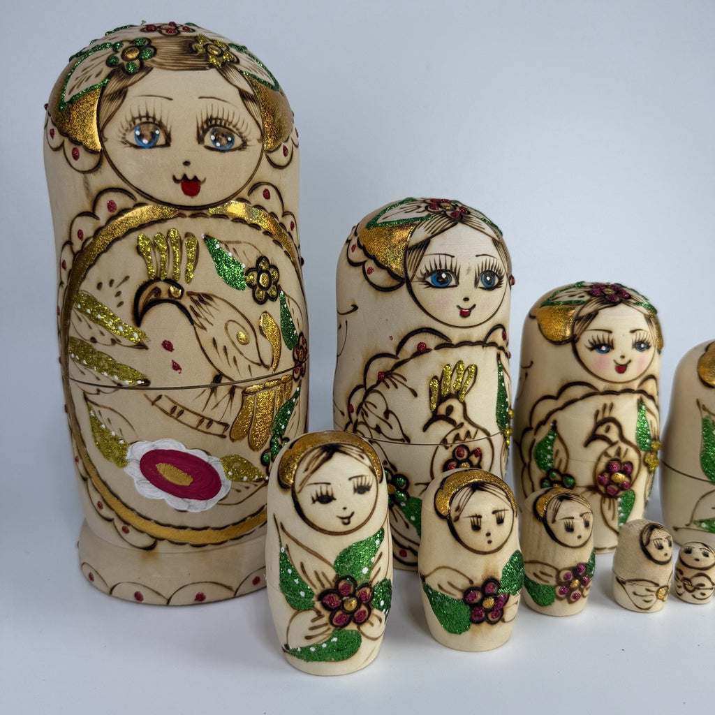 9 Pc Russian Nesting Doll Natural Wood Gold White Flowers Burned Painted 8.5"