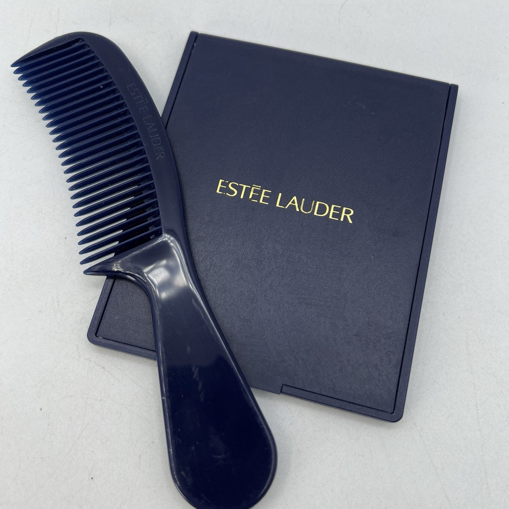 Set Vintage Dark Navy Blue Estee Lauder Pocket Comb 6" & Travel Compact Mirror