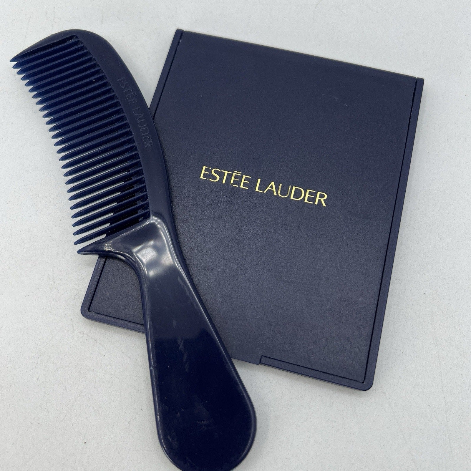 Set Vintage Dark Navy Blue Estee Lauder Pocket Comb 6" & Travel Compact Mirror