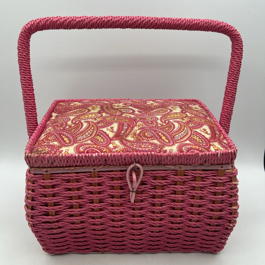 Vintage Pink Wicker Paisley Sewing Basket Japan Handle 7x10" Retro