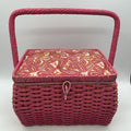 Vintage Pink Wicker Paisley Sewing Basket Japan Handle 7x10" Retro